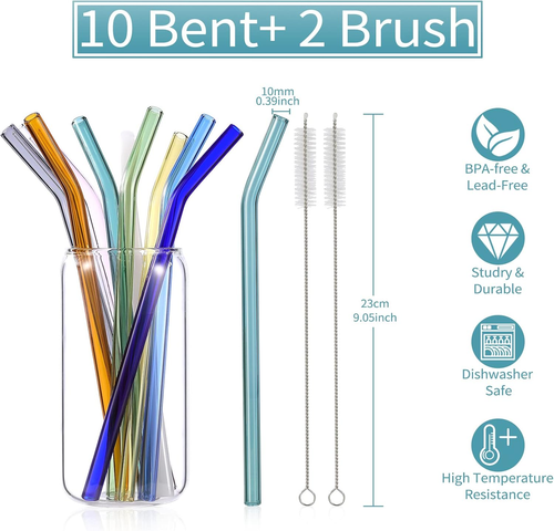 10 Pcs Reusable Bent Glass Drinking Straws,9''X10 Mm Colorful Glass Straws - Picture 2 of 12