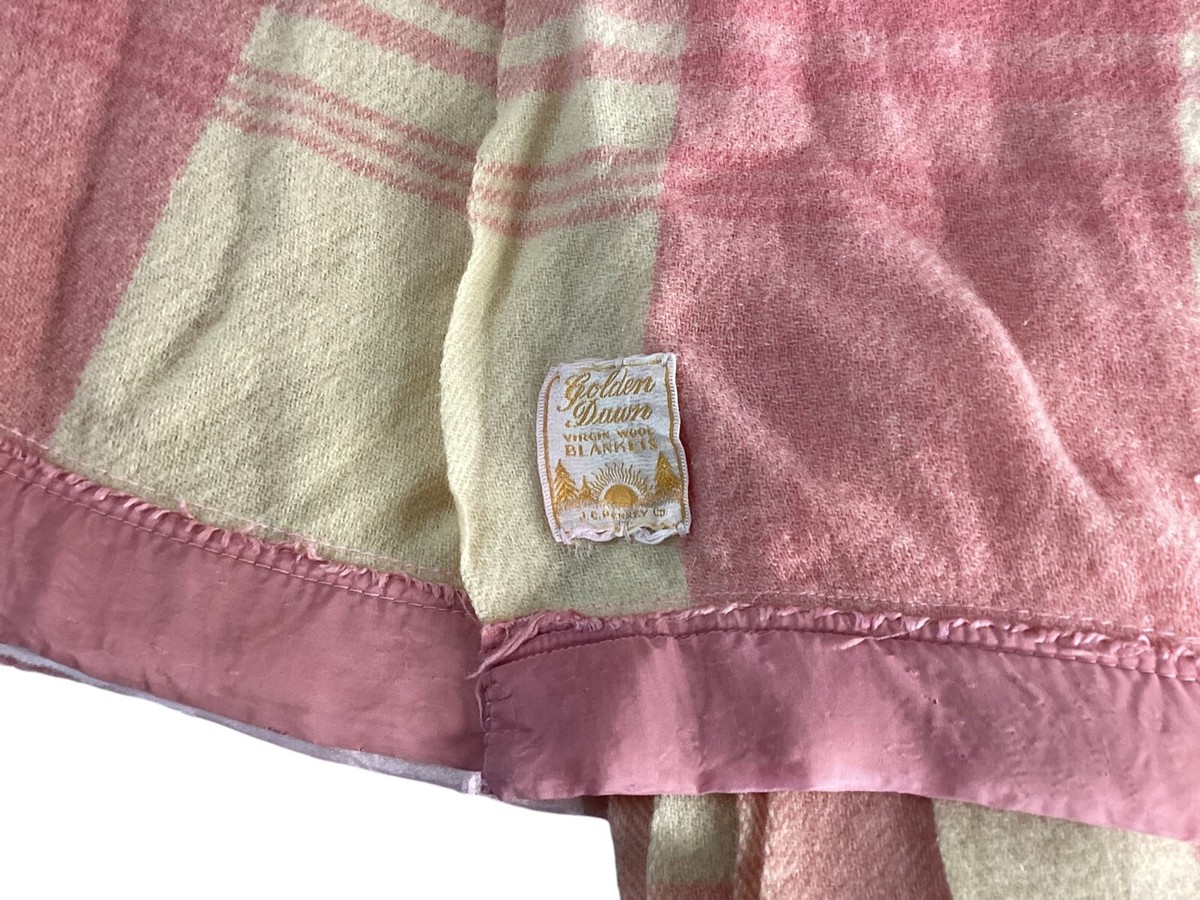Vtg Golden Dawn Blanket JC Penney 100% Wool Pink Checked Blanket 60