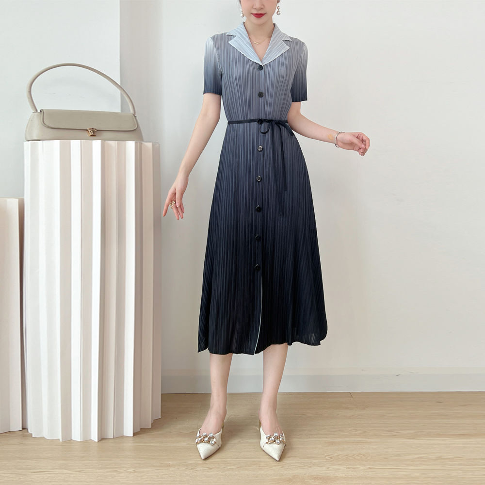 knee length classy summer dresses Pleated Gradient Dress Waist Lace Up Women Elegant Party Dres casual below knee length dresses