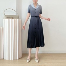 Summer Pleated Gradient Dress Waist Lace Up Women Elegant Party Knee Length Dres