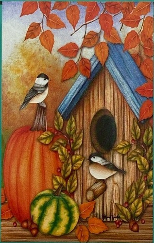Birdhouse Autumn Pumpkin 12.5" X 18" Small Garden Art Flag Rain or Shine NEW