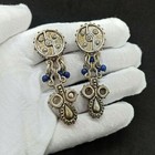 Vintage Cluster Long Earrings Silver Blue Chandelier Ethnic Beaded Authentic 80s