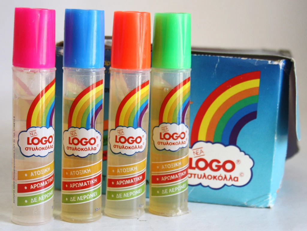 4X VERY RARE VINTAGE 80'S LOGO STICK GLUE FOR PAPER KIDS SCHOOL GREEK NEW  NOS !