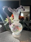 FENTON SPIRAL OPTIC PITCHER WITH GOLD FRIT TRIM AND VIOLET HANDLE.