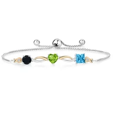 925 Silver and 10K Yellow Gold Onyx Peridot Swiss Blue Topaz and Lab Grown
