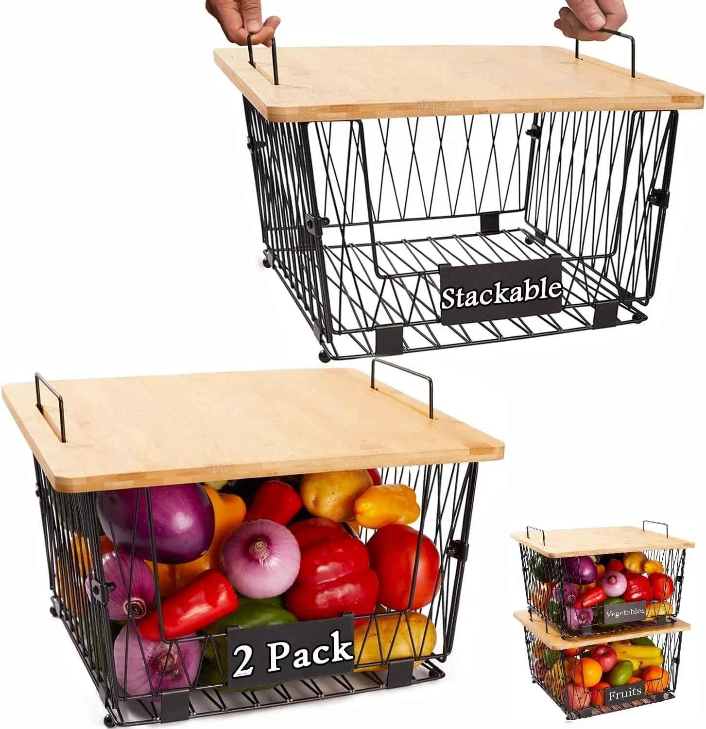2 Pack Black Stackable Wire Storage Baskets with Wood Lid Countertop Organizer