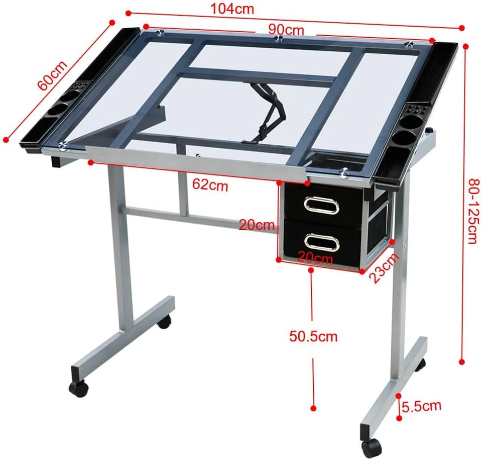 Tavolo Da Disegno in Vetro Temperato E Acciaio Con Angolo E Altezza Regolabili S - Immagine 3 di 4