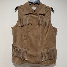 Chicos Faux Suede Fringe Western Moto Vest Sleeveless Jacket Sz 2 Large L Cowgir