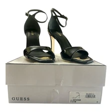 GUESS Divine Black Patent Ankle Strap High Heel Sandals 7.5 Gold Accent Dressy 