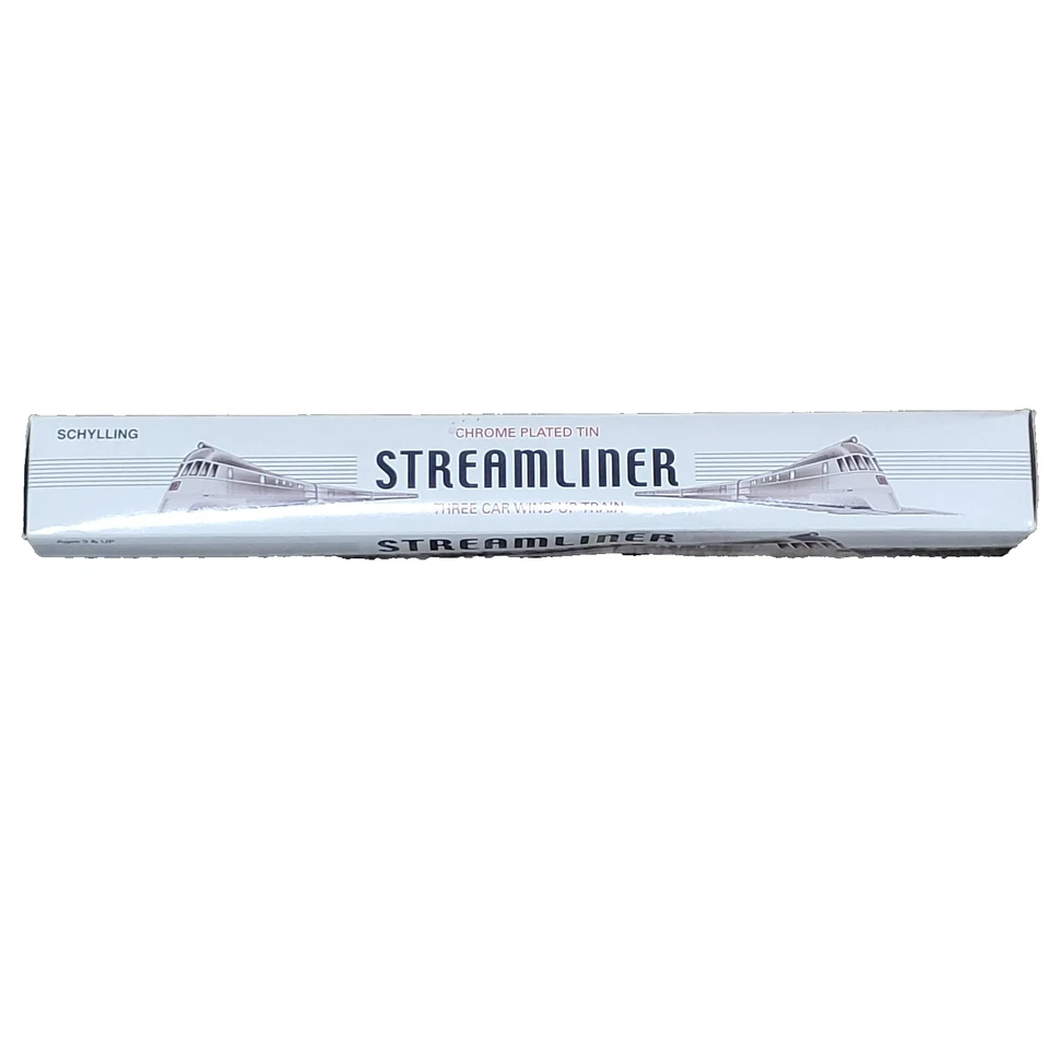 Tren de cuerda Schylling Streamliner cromado estaño tres vagones juguete vintage en caja Foto 2 de 4