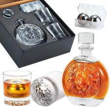 Engraved Lion Whiskey Decanter Set Gift for Men, Including 2 Lion-Engraved Shot 