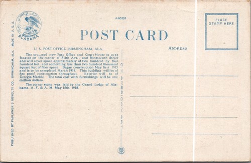 Post Office Proposed Birmingham AL Prospectus Alabama c1920s WB postcard G918 - Picture 2 of 2