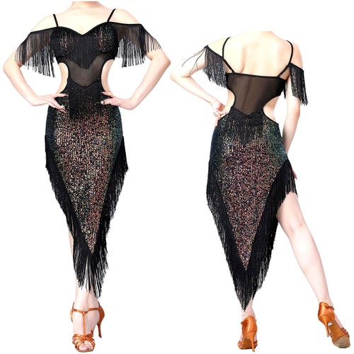 iEFiEL Damen Latein Tanzkleid Salsa Tango Pailletten Fransenkleid Glitzer Kleid - Bild 15 von 72