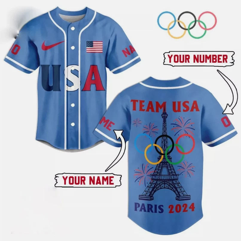 Personalized 2024 Paris Olympic USA Eiffel Tower Baseball Jersey Shirt