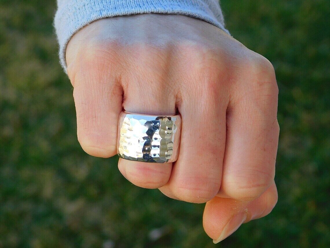  Hammered Sterling Silver Handmade Wide Band Ring