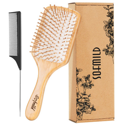 Hair Brush-Natural Wooden Bamboo Brush and Detangle Tail Comb Instead of Brus...