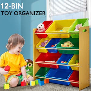 Kids Wooden 4-Tier 12 Bins Toy Storage Organiser