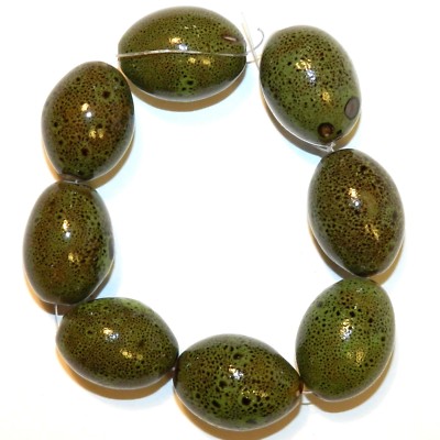 CPC252 Green & Brown Multi-Tone Large 28mm Tapered Oval Porcelain Beads 8'' 