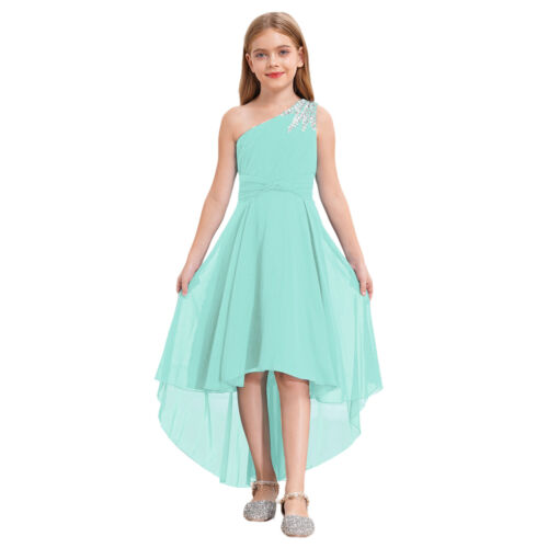 Niños Niñas Vestido Formal Noche Brillante Vestido de Baile Dobladillo Alto-Bajo Solero Fiesta - Imagen 35 de 79
