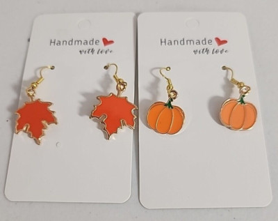 Earrings Jewelry 2 Pairs 1/2'' Pumpkins~3/4'' Leaves Dangle Gold Tone Hooks New