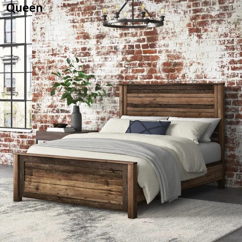 Queen Rustic Brown Wood Plank Low Platform Bed Frame w Headboard