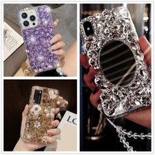 Wrist Strap Mirror Women Bling Sparkle Glitter Rhinestone Rubber Back Phone Case
