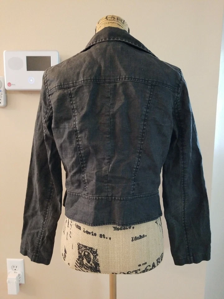 CAbi Waxed 100% Linen Black Cropped Moto Bomber Jacket Size M Stacked collar - Image 2 of 4