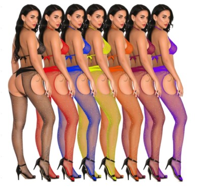 Bunte Kristall Strass Netzstrumpfhose Strapsstrümpfe Pantyhose BH Set