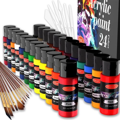 42PCS Acrylic Paint Set of 24 Colors 2fl oz 60ml Bottles with 12 Brushes and ...