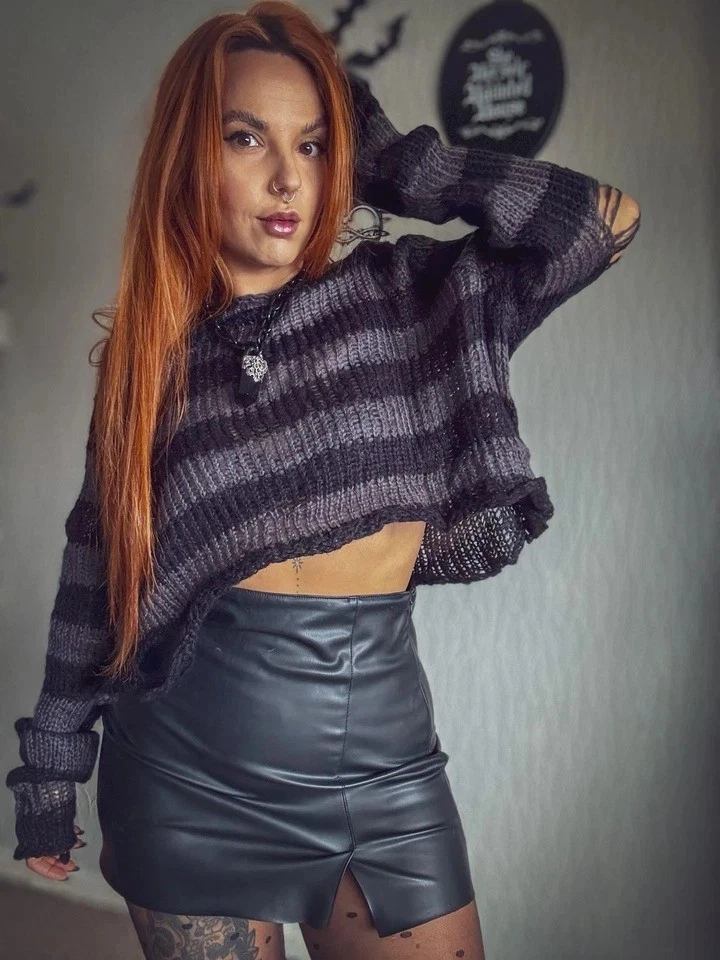 Ro Rox Ryette Jumper Distressed Oversized Gothic Knit Grunge Sweater Crop Top - Image 2 of 4