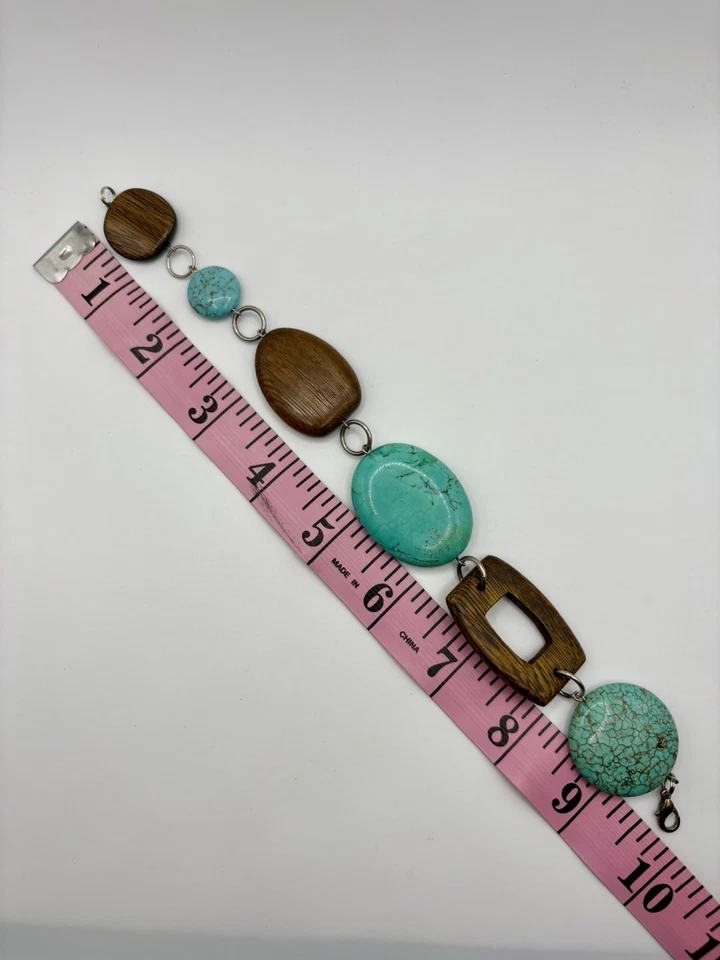 Pulsera Retro Turquesa Y Madera Cuentas Western Southwestern Boho Gruesa Foto 3 de 3