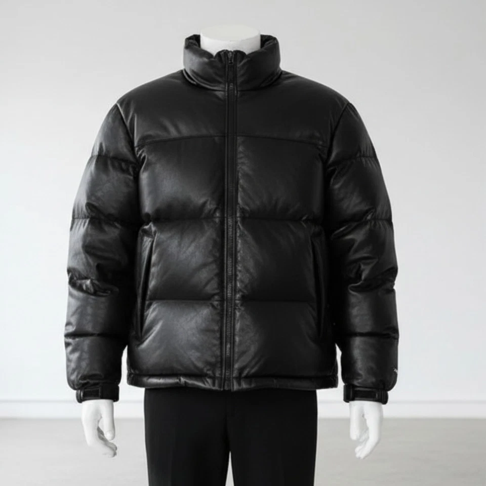 Men's Black Puffer Jacket Real Leather Lambskin Quilted Down Jacket All Sizes - Image 3 of 4