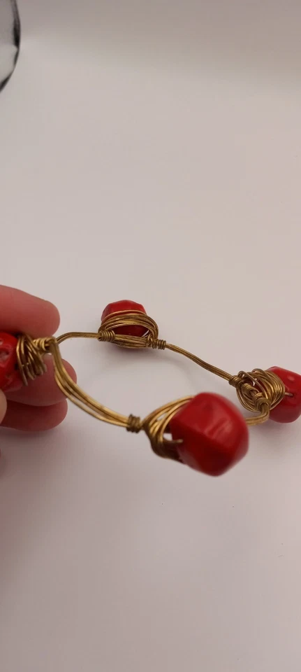 Handmade Brass Bracelet W/ Round Red Coral 8.5in - Image 3 of 4