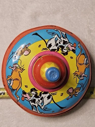 VINTAGE OHIO ART SPINNING TOP METAL TIN LITHO SOG CAT CHASE