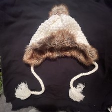 Old Navy Winter White Beanie/Snow Cap with Fur and Drawstrings One Size Fits