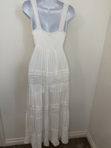 Maxi Vestido Vintage Magic Rayón Blanco Crochet Hippie Boho Hada Niveles M - Imagen 4 de 9