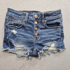 American Eagle Hi Rise Shortie Shorts Women 00 Blue Button Fly Distressed 25x2
