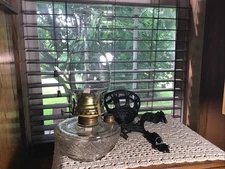 Nice Antique 12 1/2” Diamond Oil Lamp With Cast Iron Holder, Bracket & Wick