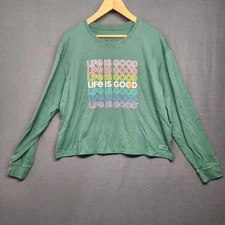 Life is Good Crusher Tee Shirt Womens Large Green Long Sleeve 100% Cotton Casual