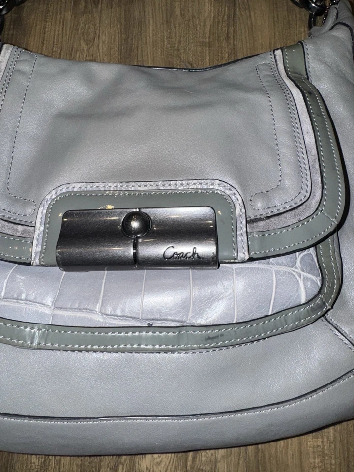 Coach Kristin Spectator Gray Leather Croc Embossed Trim Hobo Shoulder Bag EUC - Image 3 of 4