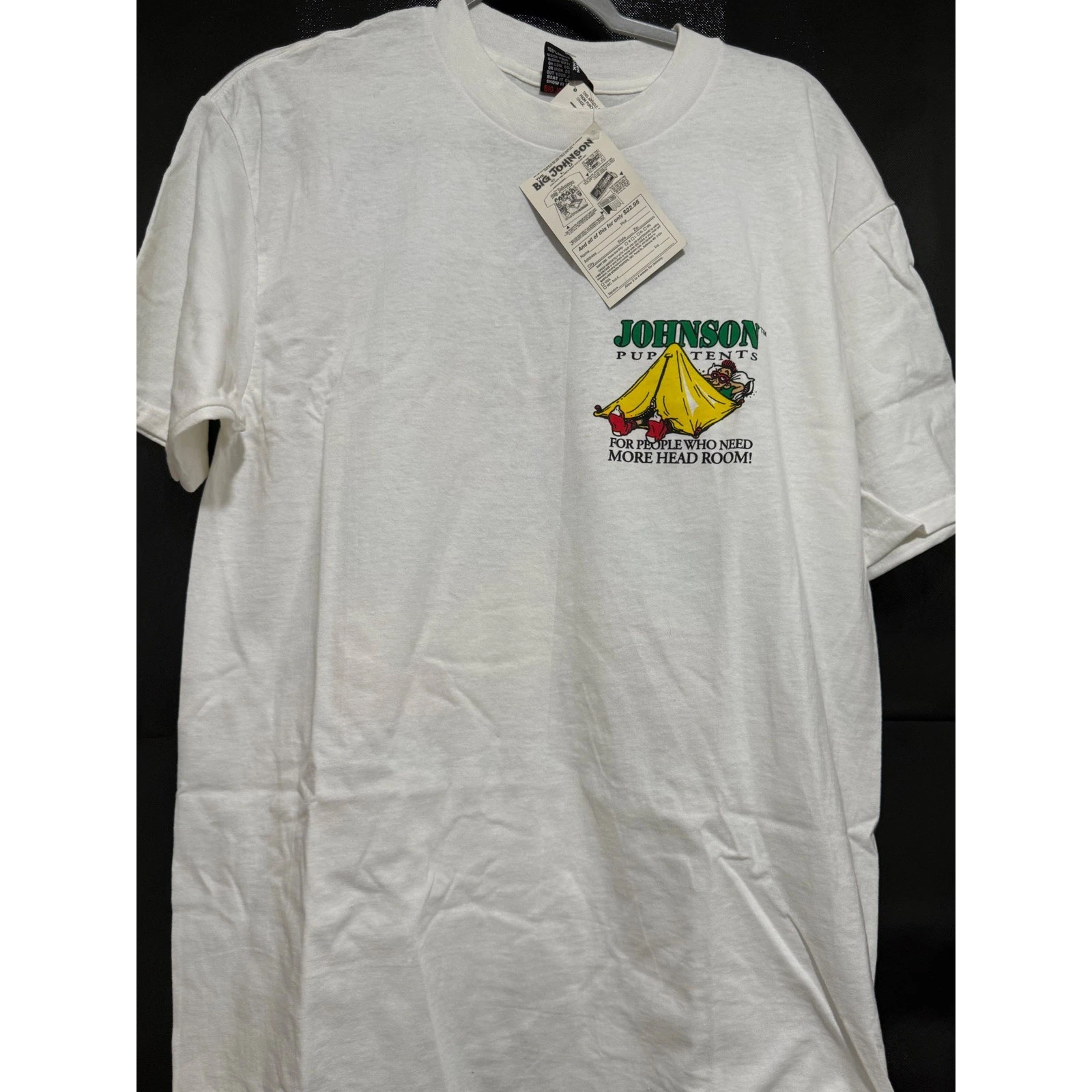 Vintage Johnson Pup Tents Graphic T Shirt White Adult Large Funny Camping