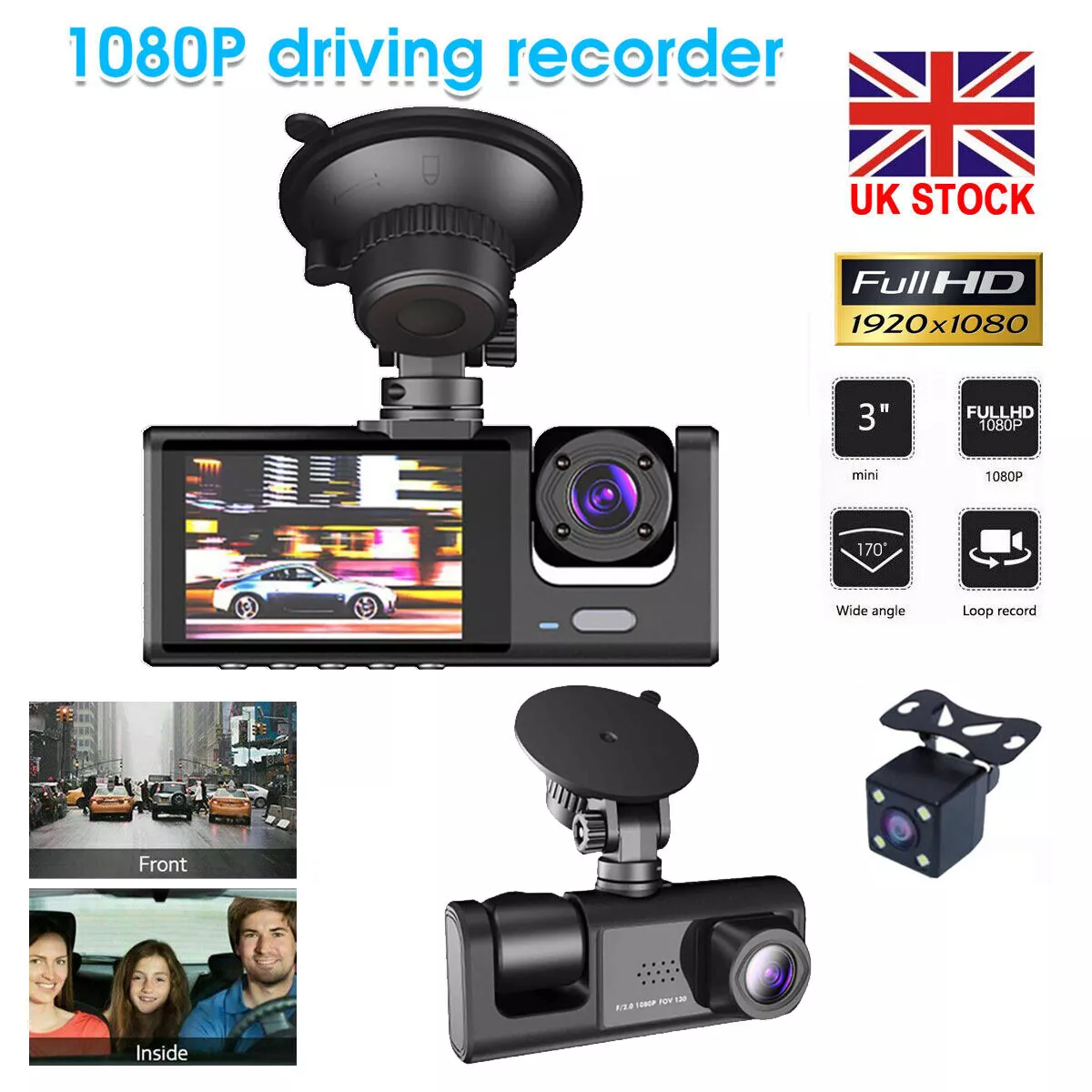 4K Dash Cam Front Rear Inside 3 Camera Dashcam Car Camera Night Vision G Sensor