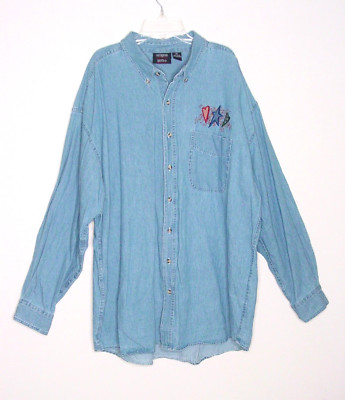 Wms 2XL denim button down shirt pocket hearts star long sleeve Outrageous Sports