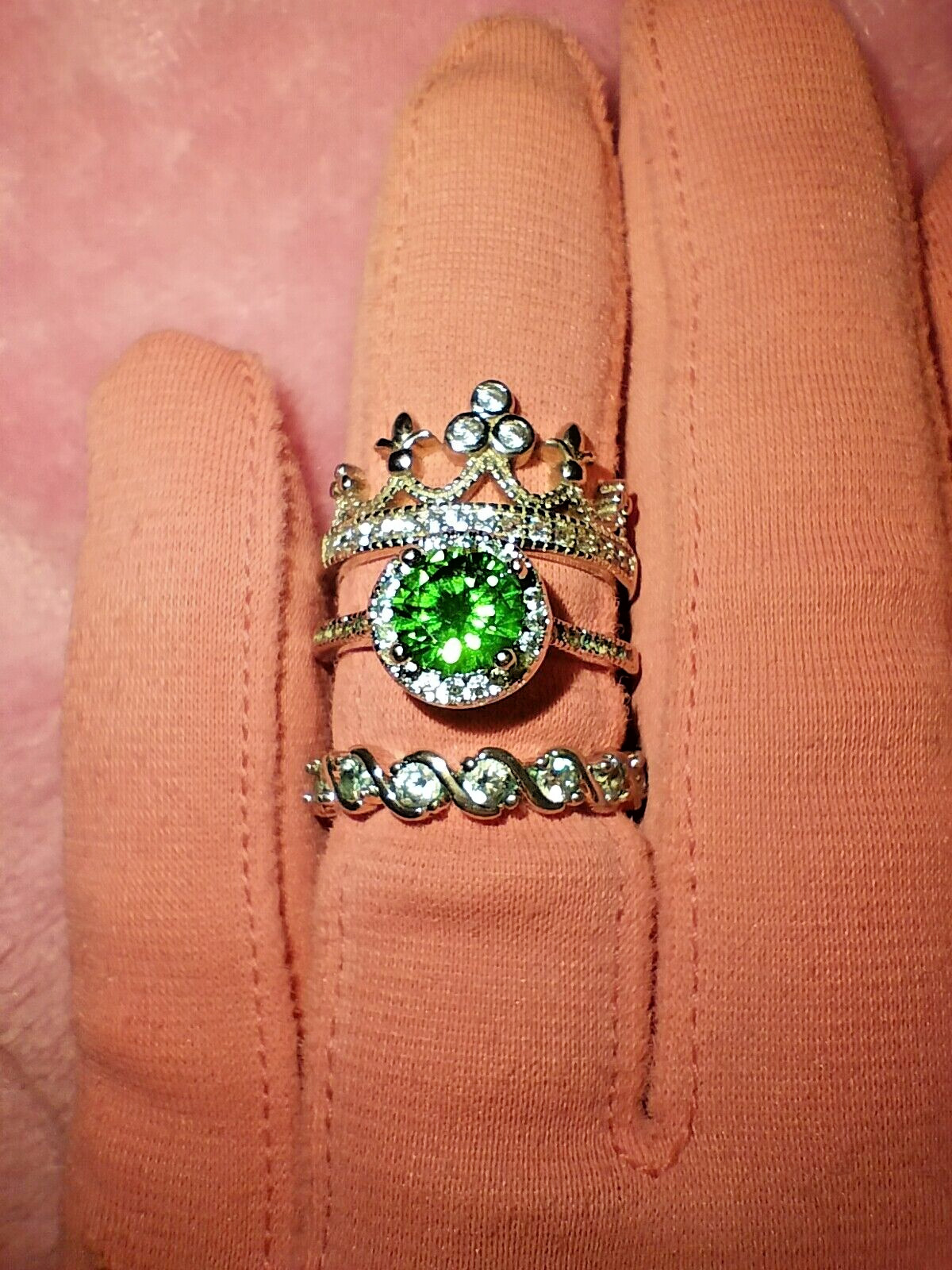 3 piece stackable ring set with green and clear c… - image 2