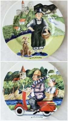 Two Guy Buffet Perigord 8'' Williams Sonoma Salad Plates Farmer Dog Scooter Pig