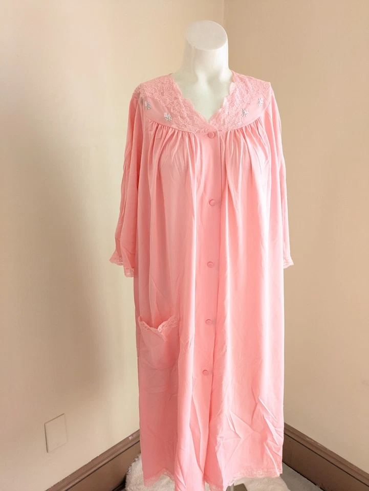 Vintage Shadowline Dressing Gown Large Robe Pink Lace Floral Rose Embroidery - Image 2 of 4