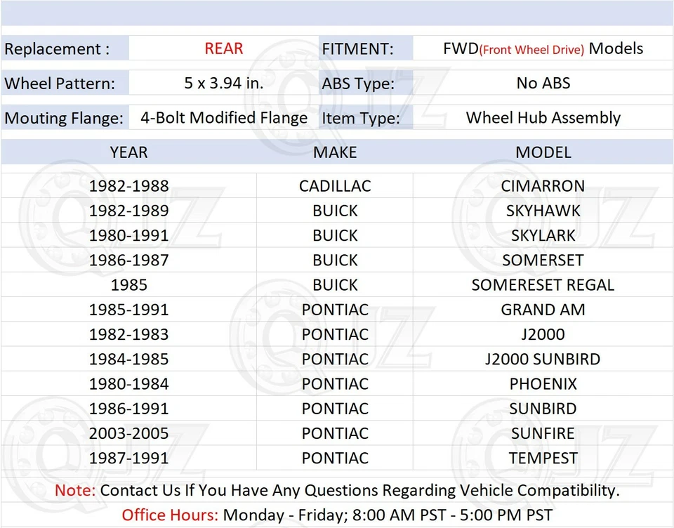 [TRASERO (cantidad 1)] Conjunto de buje de rueda para Pontiac Sunbird 1986-1991 modelo tracción delantera sin ABS Foto 2 de 4