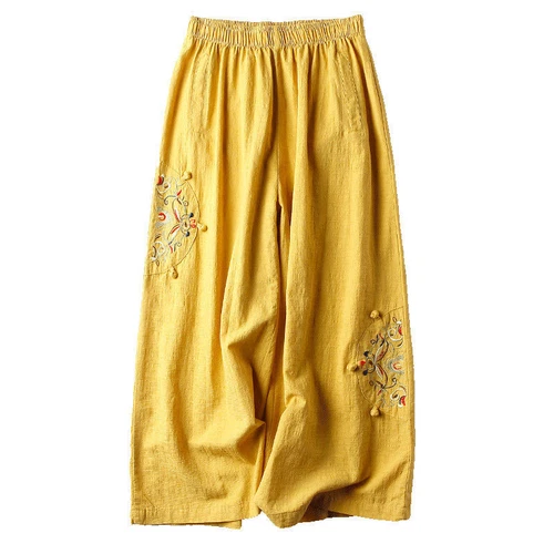 Retro Damen Stickerei Knöchelhose Gummibund weites Bein Hose Freizeit locker - Bild 9 von 27
