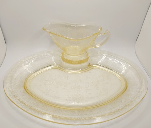 Vintage Hazel Atlas Florentine Poppy #2 Yellow 11 ¾" Platter And Gravy Boat - Picture 2 of 16