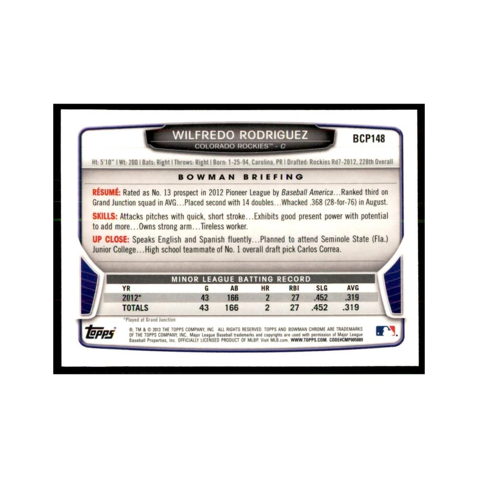 Wilfredo Rodriguez 2013 Bowman Chrome #BCP148 Baseball Cards Baseball Card NM - Image 2 of 3